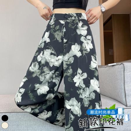 BY22557# 缎面印花垂感阔腿裤夏季新款慵懒风时尚减龄百搭直筒休闲裤 服裝批發女裝批發服飾貨源