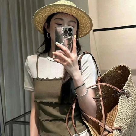BY22562# 官拍大码韩系撞色假两件短袖T恤女夏季设计感显瘦独特超好看上衣 服裝批發女裝批發服飾貨源