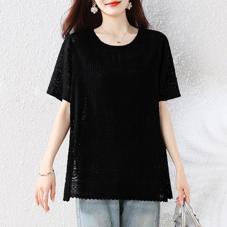 BY22563# 短袖T恤女夏季新款蕾丝衫宽松气质小衫大码短袖夏装上衣 服裝批發女裝批發服飾貨源