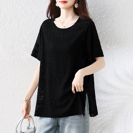 BY22563# 短袖T恤女夏季新款蕾丝衫宽松气质小衫大码短袖夏装上衣 服裝批發女裝批發服飾貨源