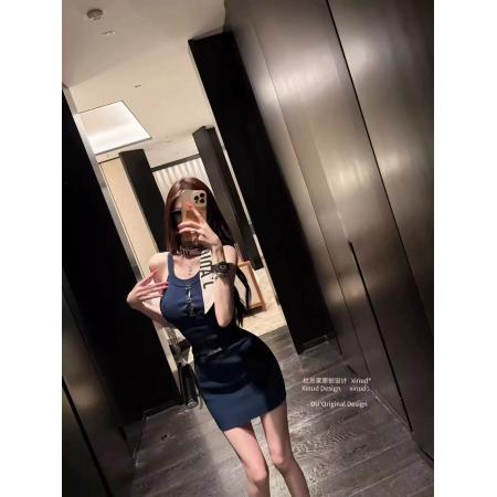 BY22565# 特别漂亮掐腰小裙子性感纯欲御姐夏季穿搭修身包臀挂脖蓝色连衣裙 服裝批發女裝批發服飾貨源
