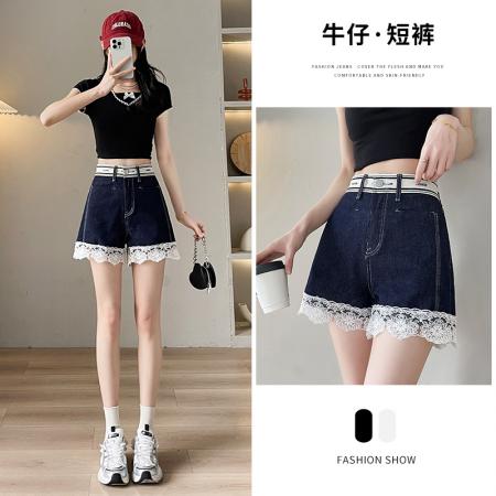 BY22570# 高腰a字牛仔短裤女夏季设计感蕾丝显瘦遮粗腿三分阔腿裤 服裝批發女裝批發服飾貨源