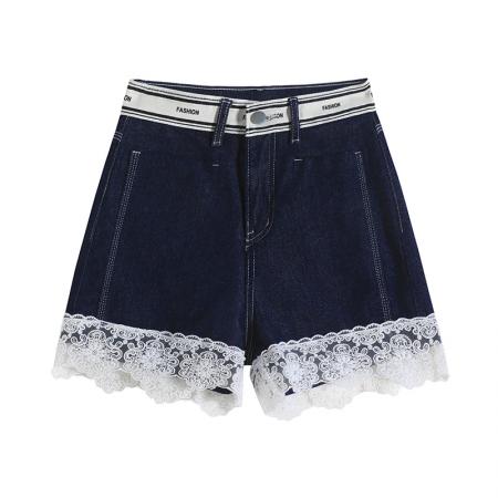 BY22570# 高腰a字牛仔短裤女夏季设计感蕾丝显瘦遮粗腿三分阔腿裤 服裝批發女裝批發服飾貨源