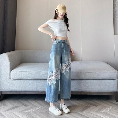 BY22581# 小个子夏季新款简约镂空蕾丝高腰显瘦直筒阔腿牛仔裤女裤 服裝批發女裝批發服飾貨源