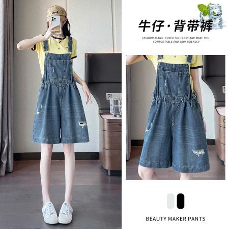 BY22582# 背带牛仔短裤女夏季新款高腰A字宽松时尚辣妹热裤潮 服裝批發女裝批發服飾貨源
