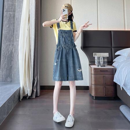 BY22582# 背带牛仔短裤女夏季新款高腰A字宽松时尚辣妹热裤潮 服裝批發女裝批發服飾貨源
