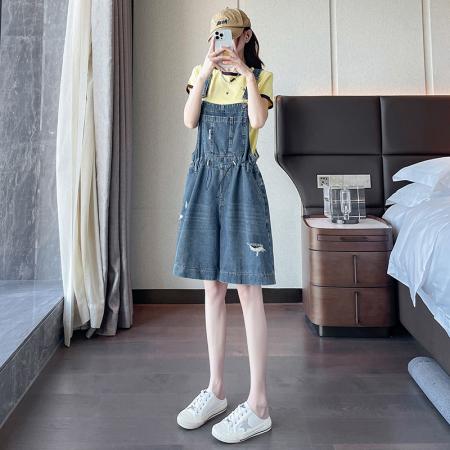 BY22582# 背带牛仔短裤女夏季新款高腰A字宽松时尚辣妹热裤潮 服裝批發女裝批發服飾貨源