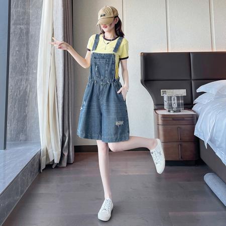BY22582# 背带牛仔短裤女夏季新款高腰A字宽松时尚辣妹热裤潮 服裝批發女裝批發服飾貨源