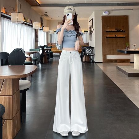 BY22584# 白色刺绣高腰天丝牛仔裤女夏季薄款宽松不贴腿阔腿裤子 服裝批發女裝批發服飾貨源