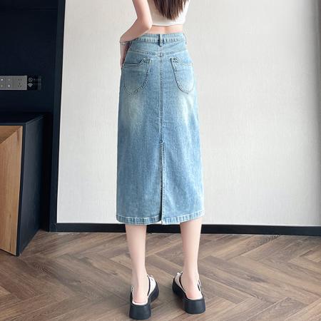 BY22585# 浅蓝色蕾丝拼接牛仔半身裙女夏季显瘦显气质a字开叉裙子 服裝批發女裝批發服飾貨源
