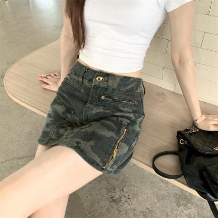 BY22586# 美式迷彩工装牛仔半身裙女夏季小个子辣妹高腰显瘦包臀短裙裤 服裝批發女裝批發服飾貨源