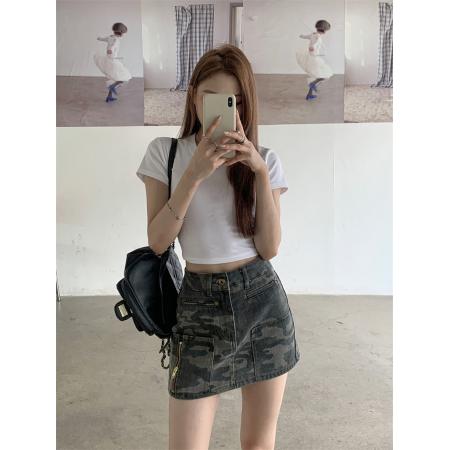 BY22586# 美式迷彩工装牛仔半身裙女夏季小个子辣妹高腰显瘦包臀短裙裤 服裝批發女裝批發服飾貨源