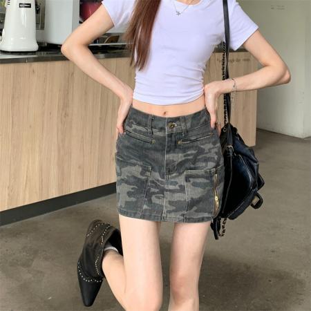 BY22586# 美式迷彩工装牛仔半身裙女夏季小个子辣妹高腰显瘦包臀短裙裤 服裝批發女裝批發服飾貨源