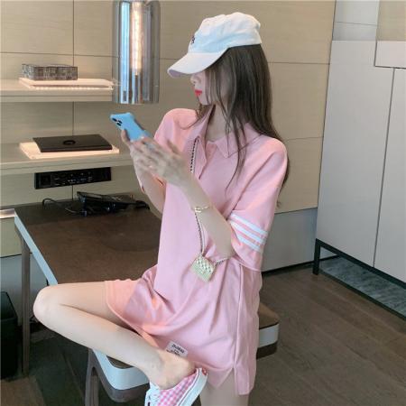 BY22607# 粉红色大版polo领短袖T恤女夏新款设计感小众中长款宽松上衣 服裝批發女裝批發服飾貨源