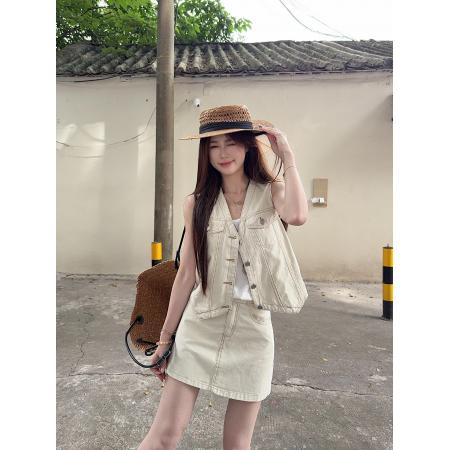 BY22621# 夏季港风复古牛仔马甲牛仔短裙小个子辣妹潮流两件套女 服裝批發女裝批發服飾貨源
