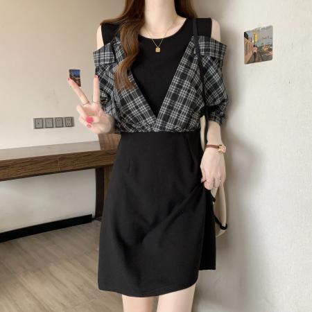 BY22693# 大码胖MM新款韩系格子拼接假两件连衣裙女露肩A字裙  服裝批發女裝批發服飾貨源