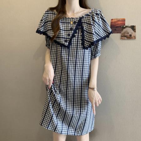 BY22694# 大码胖MM蓝色格子连衣裙女宽松遮肚减龄裙子  服裝批發女裝批發服飾貨源