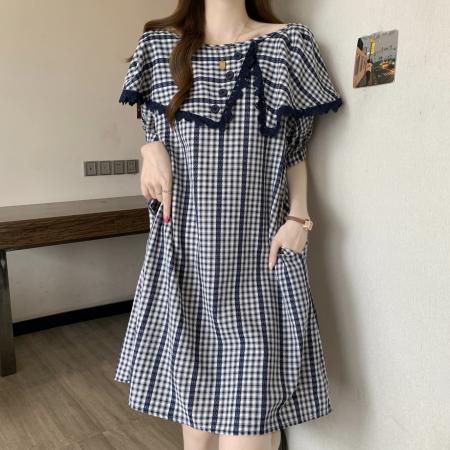 BY22694# 大码胖MM蓝色格子连衣裙女宽松遮肚减龄裙子  服裝批發女裝批發服飾貨源