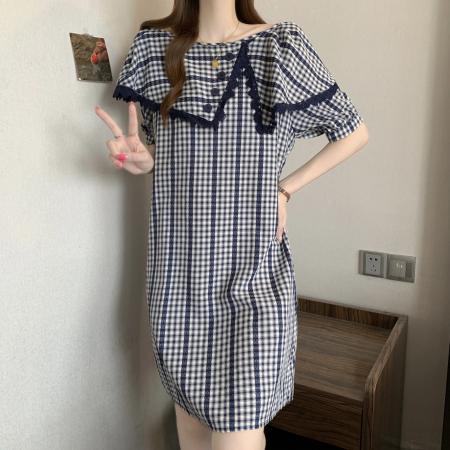 BY22694# 大码胖MM蓝色格子连衣裙女宽松遮肚减龄裙子  服裝批發女裝批發服飾貨源