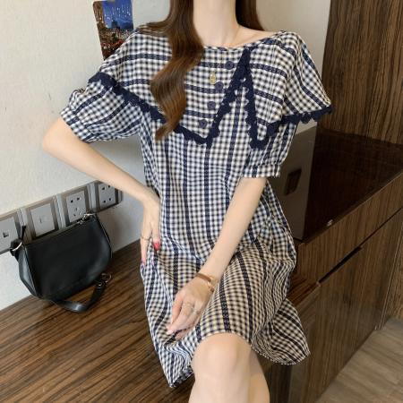 BY22694# 大码胖MM蓝色格子连衣裙女宽松遮肚减龄裙子  服裝批發女裝批發服飾貨源