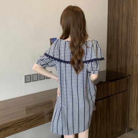 BY22694# 大码胖MM蓝色格子连衣裙女宽松遮肚减龄裙子  服裝批發女裝批發服飾貨源
