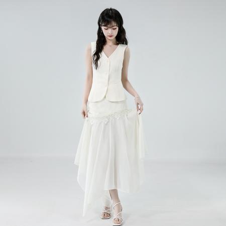 BY22716# 夏季新款独特绝美蕾丝拼接半身裙+轻熟风马甲套装裙两件套  服裝批發女裝批發服飾貨源
