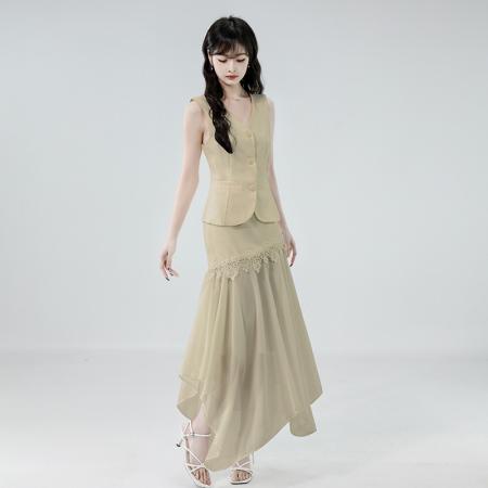 BY22716# 夏季新款独特绝美蕾丝拼接半身裙+轻熟风马甲套装裙两件套  服裝批發女裝批發服飾貨源