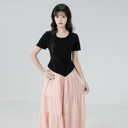 BY22719# 夏季新品百搭显瘦不规则黑色绑带T恤+韩系设计感半身裙套装  服裝批發女裝批發服飾貨源