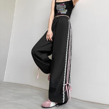 BY22727# 蝴蝶结丝带束脚阔腿裤子速干工装裤女两穿运动裤子  服裝批發女裝批發服飾貨源