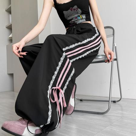 BY22727# 蝴蝶结丝带束脚阔腿裤子速干工装裤女两穿运动裤子  服裝批發女裝批發服飾貨源