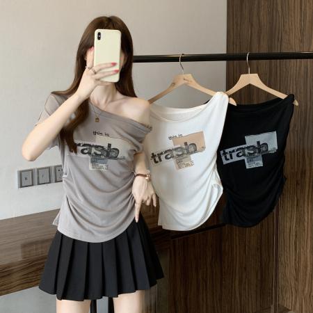 BY22736# 秋韩版印花短袖6新款简约百搭斜肩上衣  服裝批發女裝批發服飾貨源
