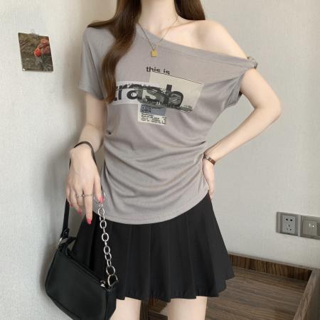 BY22736# 秋韩版印花短袖6新款简约百搭斜肩上衣  服裝批發女裝批發服飾貨源