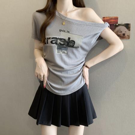 BY22736# 秋韩版印花短袖6新款简约百搭斜肩上衣  服裝批發女裝批發服飾貨源
