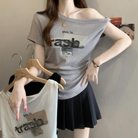 BY22736# 秋韩版印花短袖6新款简约百搭斜肩上衣  服裝批發女裝批發服飾貨源