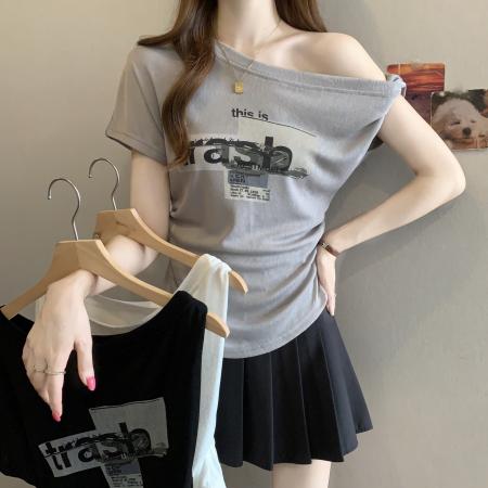 BY22736# 秋韩版印花短袖6新款简约百搭斜肩上衣  服裝批發女裝批發服飾貨源