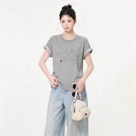BY22737# 韩版灰色条纹简约女夏季短袖字母刺绣棉上衣休闲圆领T恤  服裝批發女裝批發服飾貨源