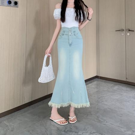 BY22751# 鱼尾半身裙女夏季设计感高腰显瘦美式复古毛边牛仔长裙  服裝批發女裝批發服飾貨源