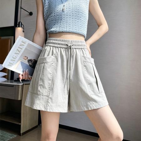 BY22758# 夏季新款高腰休闲冰丝工装抽绳a字阔腿短裤  服裝批發女裝批發服飾貨源