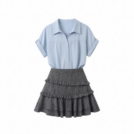 BY22777# 套装女夏季搭配一整套小个子两件套衬衫上衣+半身裙  服裝批發女裝批發服飾貨源