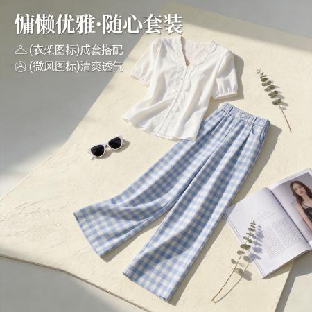 BY22778# 套装女夏季搭配一整套小个子两件套衬衫上衣+休闲裤  服裝批發女裝批發服飾貨源