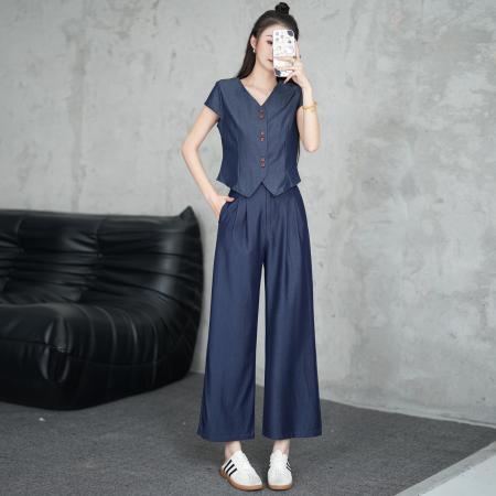 BY22796# 小个子松弛感马甲套装女夏季新款高腰阔腿九分长裤  服裝批發女裝批發服飾貨源