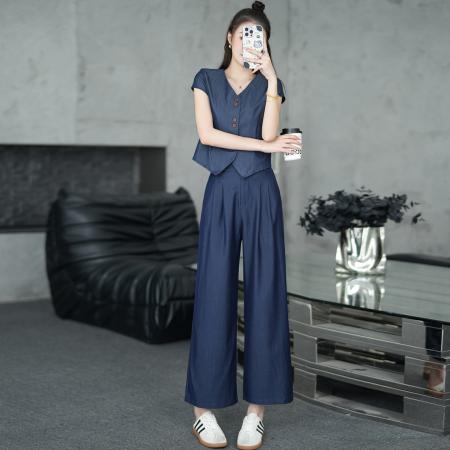 BY22796# 小个子松弛感马甲套装女夏季新款高腰阔腿九分长裤  服裝批發女裝批發服飾貨源