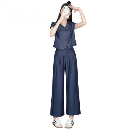 BY22796# 小个子松弛感马甲套装女夏季新款高腰阔腿九分长裤  服裝批發女裝批發服飾貨源