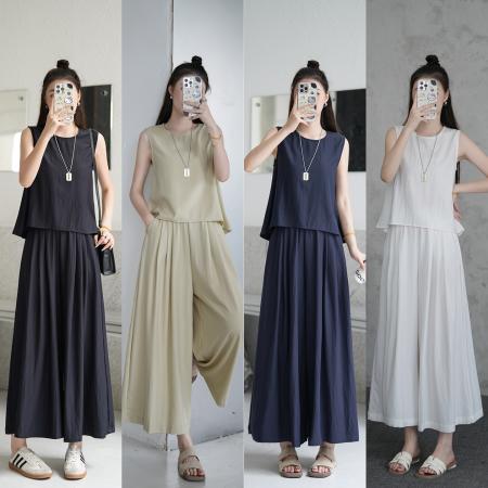 BY22800# 小个子女夏季休闲宽松薄款凉感纯色套装  服裝批發女裝批發服飾貨源