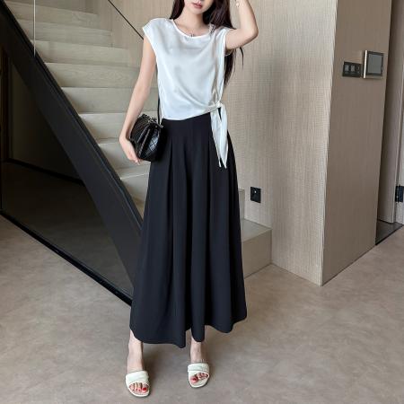 BY22801# 白色上衣+黑色裤裙小个子垂感阔腿裤裙薄款女夏高腰显瘦裤裙  服裝批發女裝批發服飾貨源