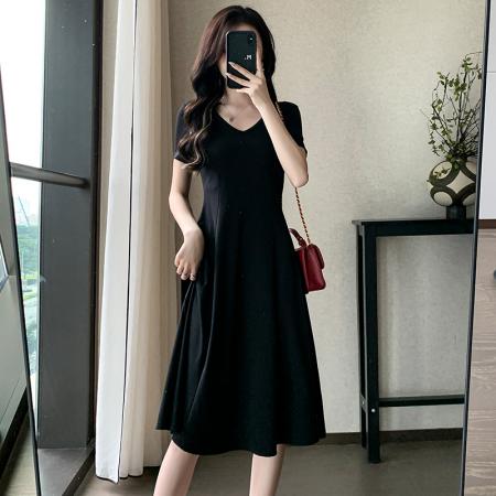 BY22803# 小个子连衣裙女夏季新款气质收腰a字裙赫本风小裙子  服裝批發女裝批發服飾貨源