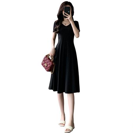 BY22803# 小个子连衣裙女夏季新款气质收腰a字裙赫本风小裙子  服裝批發女裝批發服飾貨源