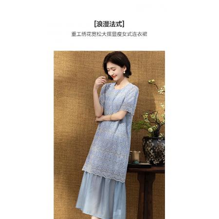 BY22808# 清透莱赛尔夏季浪漫优雅绣花宽松大摆拼接显瘦连衣裙女高级感  服裝批發女裝批發服飾貨源