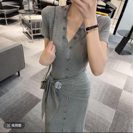 BY22809# 新款夏季高级感连衣裙气质时尚显瘦V领短袖套装  服裝批發女裝批發服飾貨源