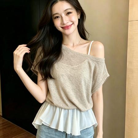 BY22810# 温柔风荷叶边假两件针织衫女设计感不规则下摆显瘦上衣  服裝批發女裝批發服飾貨源